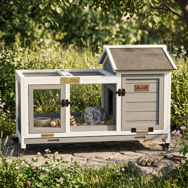 PawHut Konijnenhok, Kleine Dierenhok voor Dwergkonijnen, Cavia's, met Wielen, 108 x 58 x 73,5 cm, Grijs(m-14)