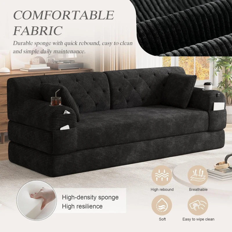 Cozy Sleeper Sofa with High-Density Foam and Soft Corduroy, Convertible Couch for Living Rooms and Small Spaces, 208L x 80W x 81H cm, Black