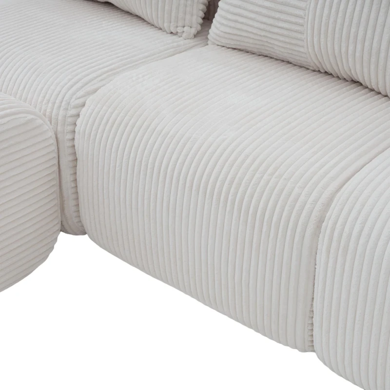 Corduroy Sectional Sofa with Built-in Cup Holders and Side Storage Pockets, 3-Seater Modular Sofa with Ottomans, 268L x 174W x 80H cm, Beige