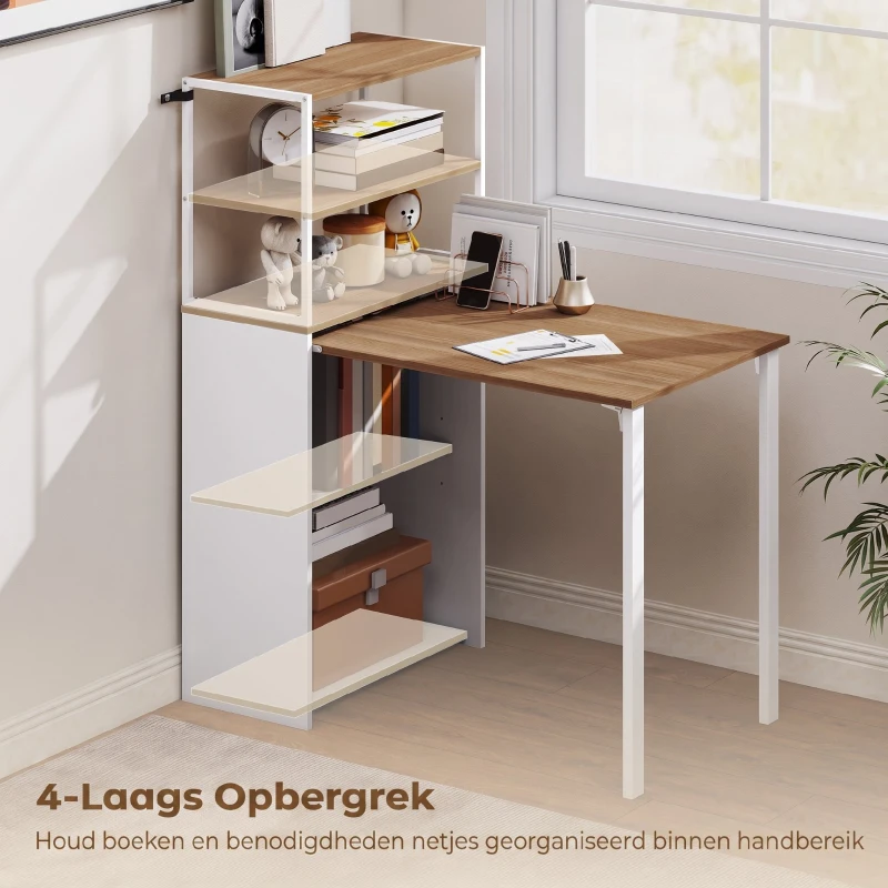 HOMCOM Opklapbaar Bureau Keukentafel met 4 Planken Computertafel Werktafel Laptoptafel 105 x 60 x 127 cm Natuurhout(m-5)