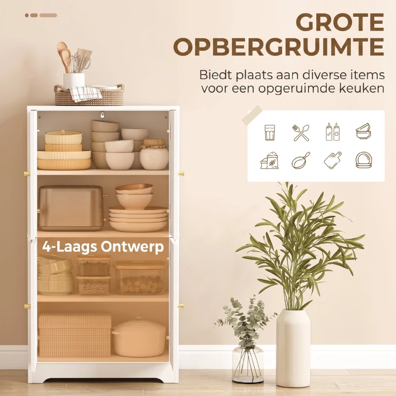 HOMCOM Keukenkast, Hoge Kast met 2 Verstelbare Planken, Buffetkast met 4 Gebogen Deuren 60 x 30 x 110 cm, Wit