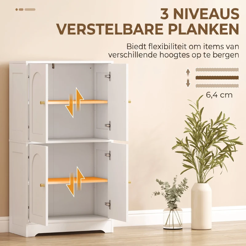 HOMCOM Keukenkast, Hoge Kast met 2 Verstelbare Planken, Buffetkast met 4 Gebogen Deuren 60 x 30 x 110 cm, Wit