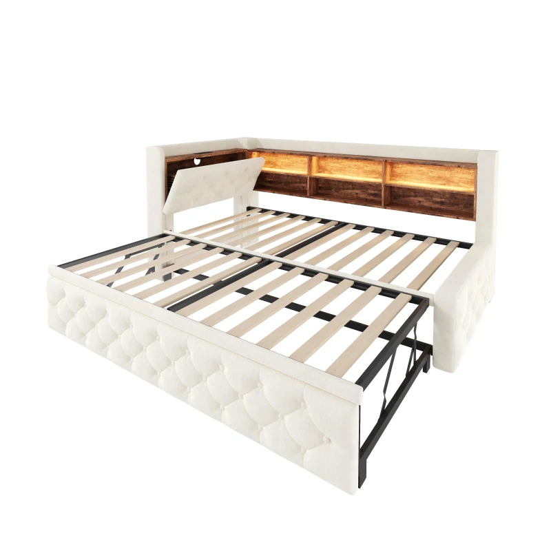 Velvet Pull-Out Sofa Bed Frame with Wooden Headboard Shelf, Convertible Daybed with Lift-Up Armrest Storage, 211L x 91W x 84H cm, Beige