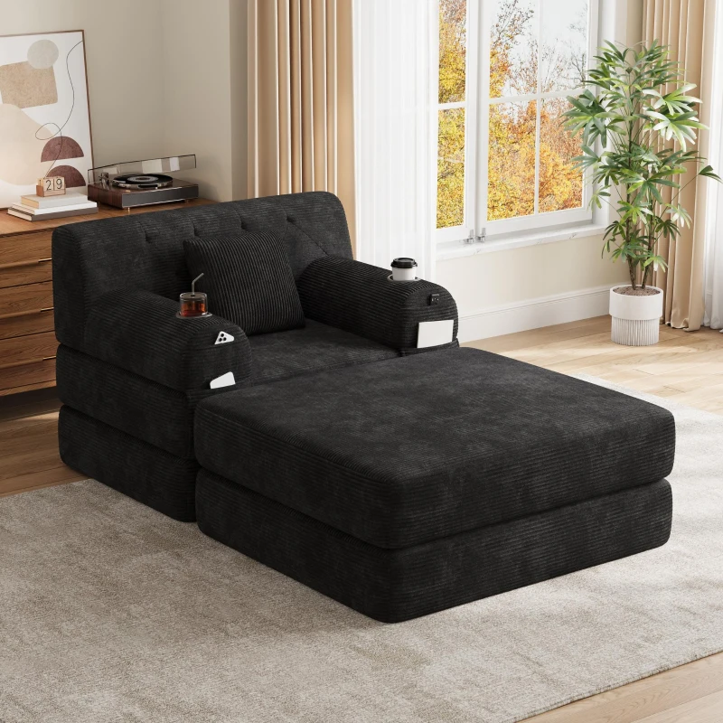 Corduroy Sleeper Chair with Ottoman and Metal Frame, Convertible 1-Seater Sofa Bed with High Backrest, 107L x 162W x 81H cm, Black