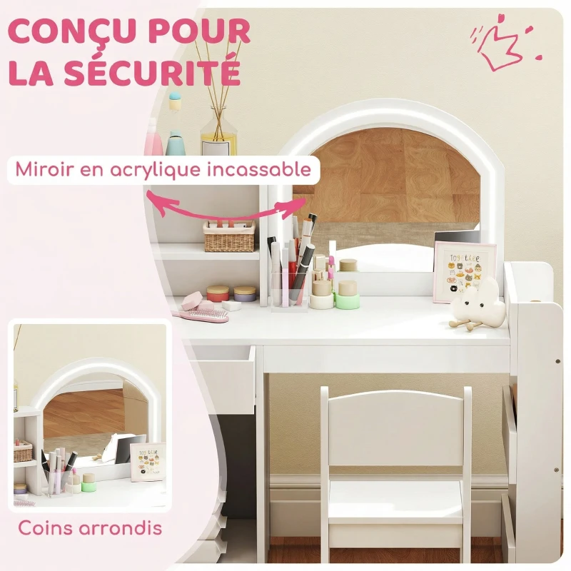 AIYAPLAY Coiffeuse pour enfants avec tabouret et miroir LED, table de maquillage pour 3 à 8 ans, 88,6 x 38,8 x 96,9 cm, blanc