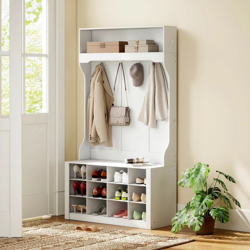 HOMCOM Porte-Manteau 4-en-1 avec Banc, Banc d'Entrée avec 12 Compartiments à Chaussures, 6 Crochets et Étagère Ouverte, Blanc