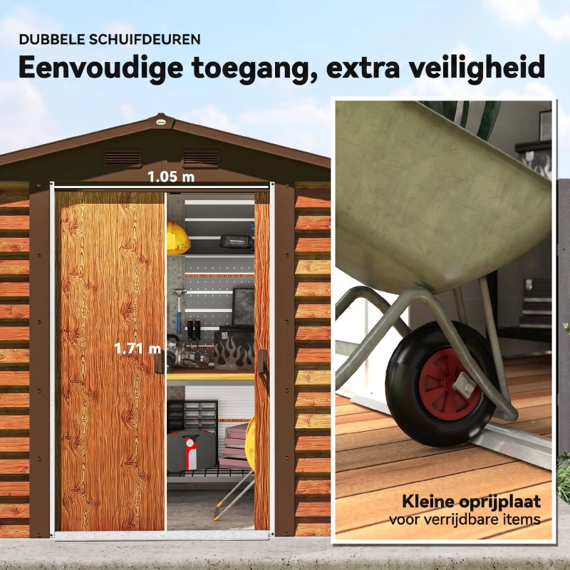 Outsunny Tuinschuur, gereedschapsschuur, tuinhuis met ramen, weerbestendig, houtlook, staal, 152 x 235,7 x 208,7 cm, Bruin