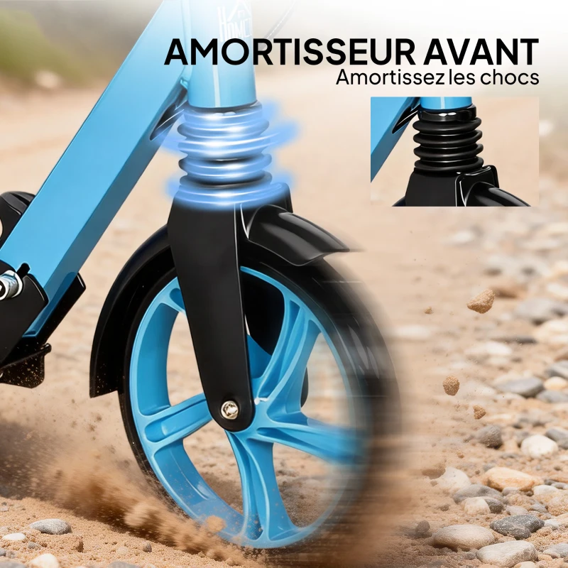 HOMCOM Trottinette Pliable pour Adultes 14+ Ans, Guidon Réglable, Grandes Roues, Amortisseur, Aluminium, 91,5x36,5x104cm, Bleu