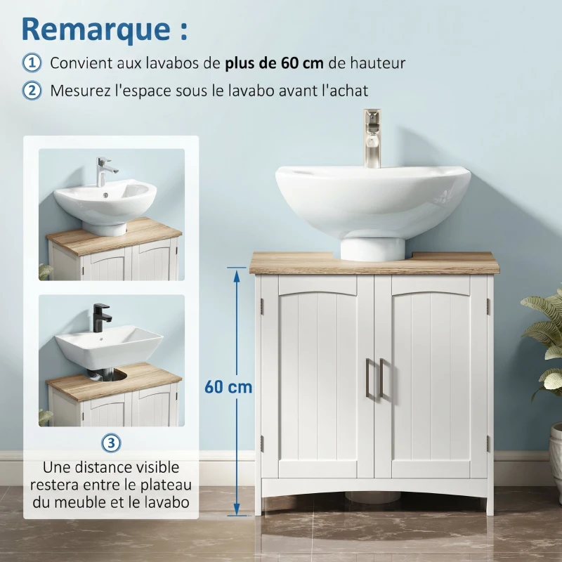kleankin Meuble salle de bain sous lavabo à double portes avec étagères réglables, blanc et bois naturel