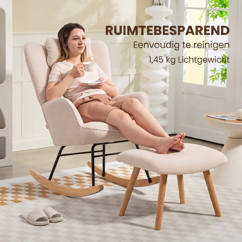 HOMCOM Schommelstoel met voetenbank, zachte fleece bekleding, houten poten, kussen, hoge rugleuning, schommelsalon, Beige(m-7)