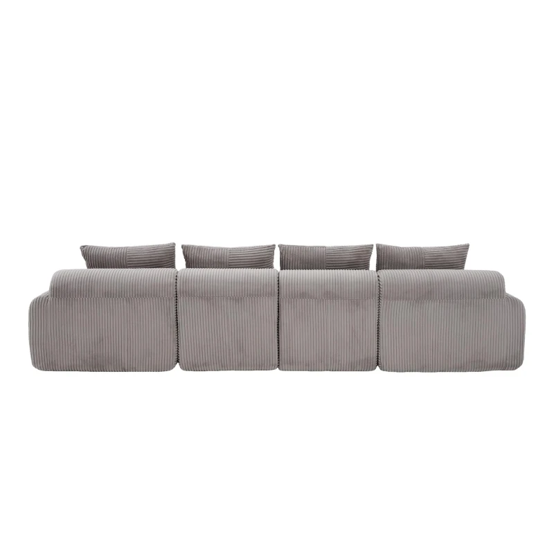 4-Seater Modular Cord Sofa with 2 Ottomans and Integrated Cup‑Holders, Corduroy Sectional Sofa for Living Rooms, 333L x 174W x 80H cm, Light Gray