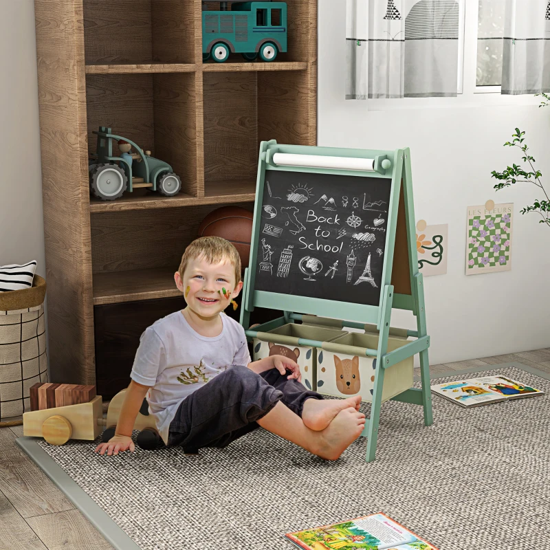 AIYAPLAY Tableau chevalet enfant ardoise double face tableau à craie rouleau papier 2 paniers 54 x 46,5 x 93 cm vert
