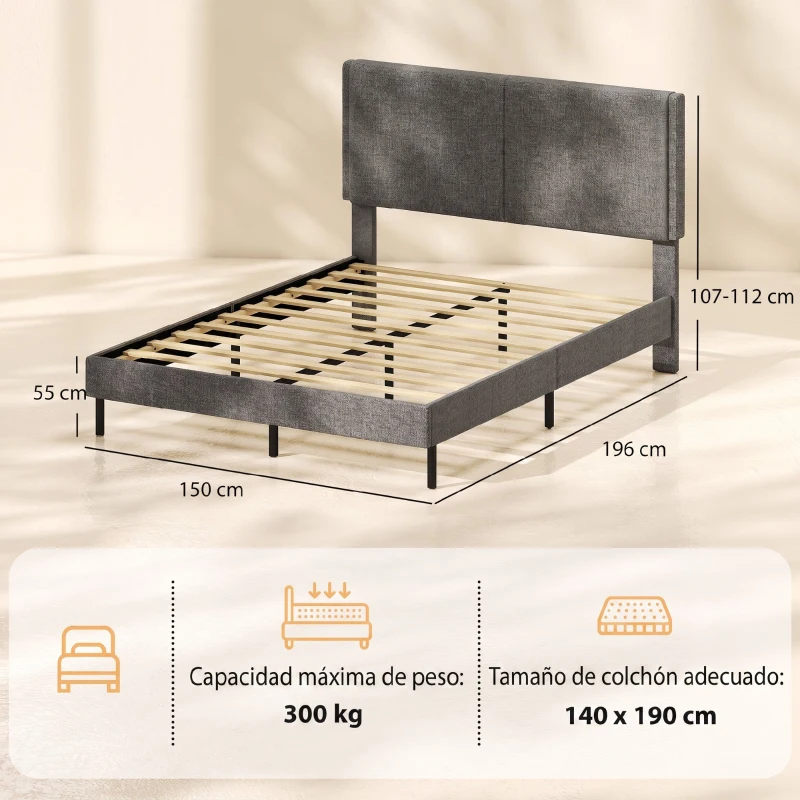 HOMCOM Estructura de Cama 140x190 cm con Somier y Cabecero Ajustable Tapizada en Lino con Almacenamiento Inferior Gris