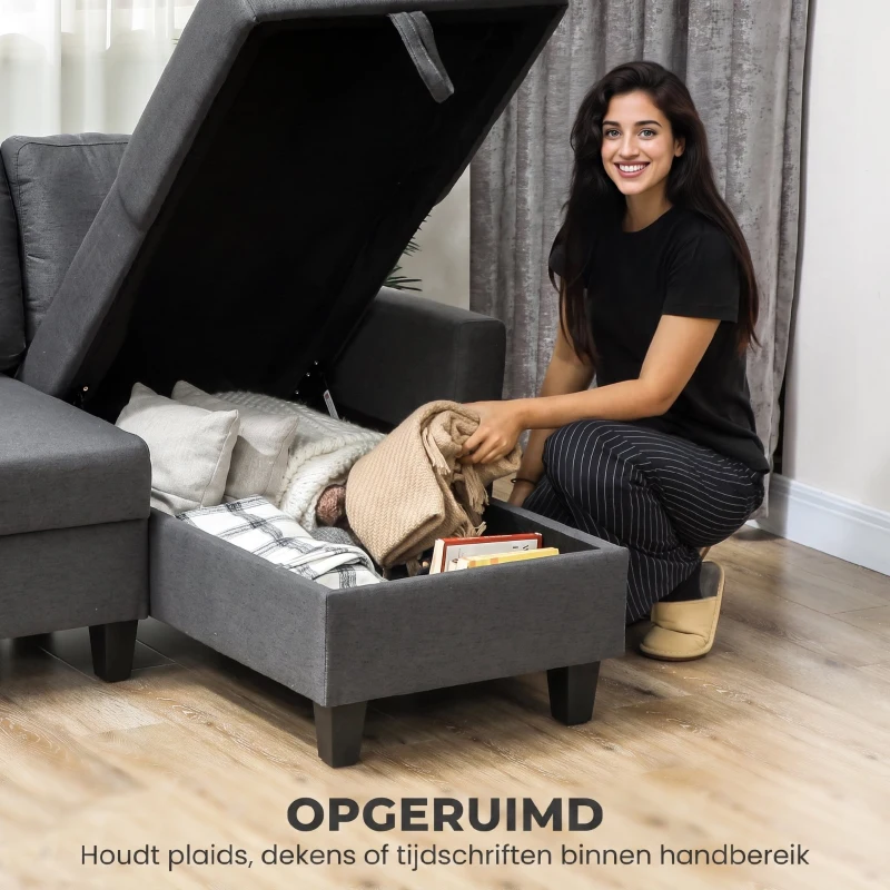 HOMCOM Hoekbank met slaapfunctie en opbergruimte, L-vormige slaapbank met chaise longue en verstelbare rugleuning voor de woonkamer