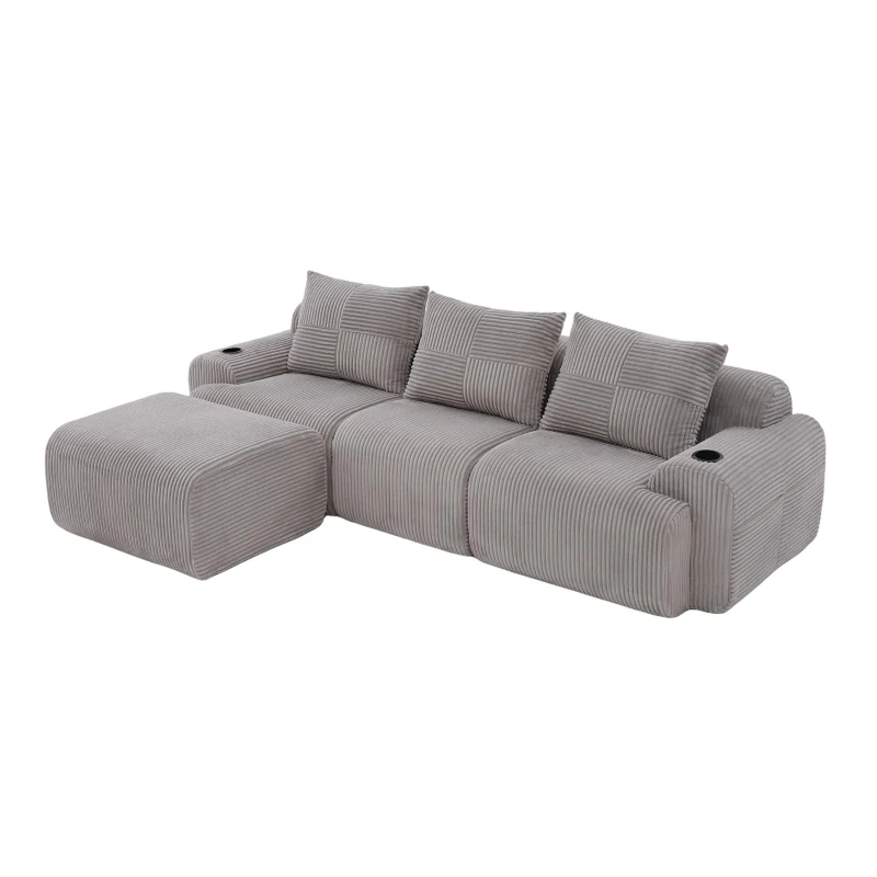 3-Seater Modular Sofa with Ottomans and Side Storage Pockets, Corduroy Sectional Sofa with Integrated Cup Holders, 268L x 174W x 80H cm, Light Gray