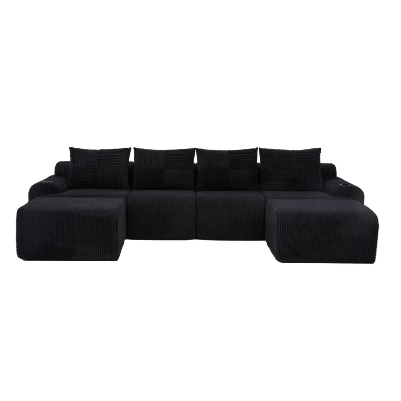 4-Seater Modular Cord Sofa with 2 Ottomans and Integrated Cup‑Holders, Corduroy Sectional Sofa for Living Rooms, 333L x 174W x 80H cm, Black