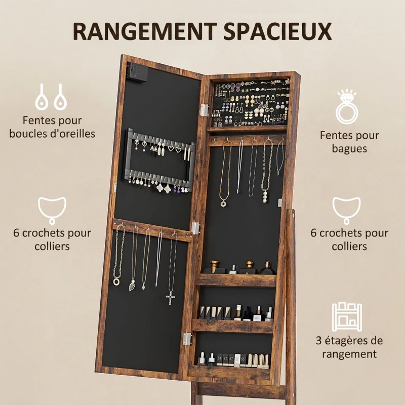 HOMCOM Armoire à bijoux armoire de rangement sur pieds boîte à bijoux avec miroir multi-rangements éclairage LED brun rustique