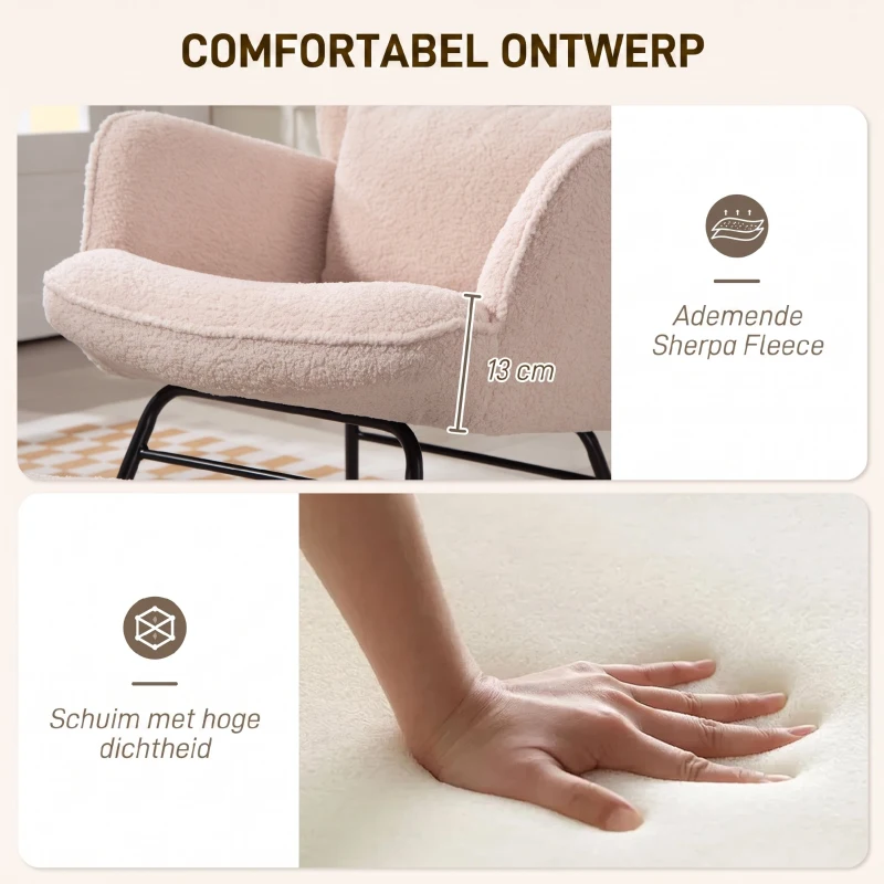 HOMCOM Schommelstoel met voetenbank, zachte fleece bekleding, houten poten, kussen, hoge rugleuning, schommelsalon, Beige(m-5)