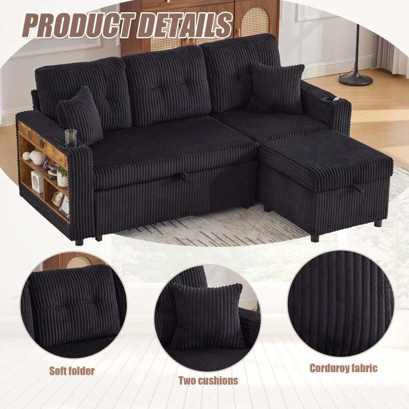 Multifunctional Corduroy Sofa Bed with Hidden Storage, LED-Lighted Guest Couch for Family Film Nights, 196L x 82W x 85H cm, Black