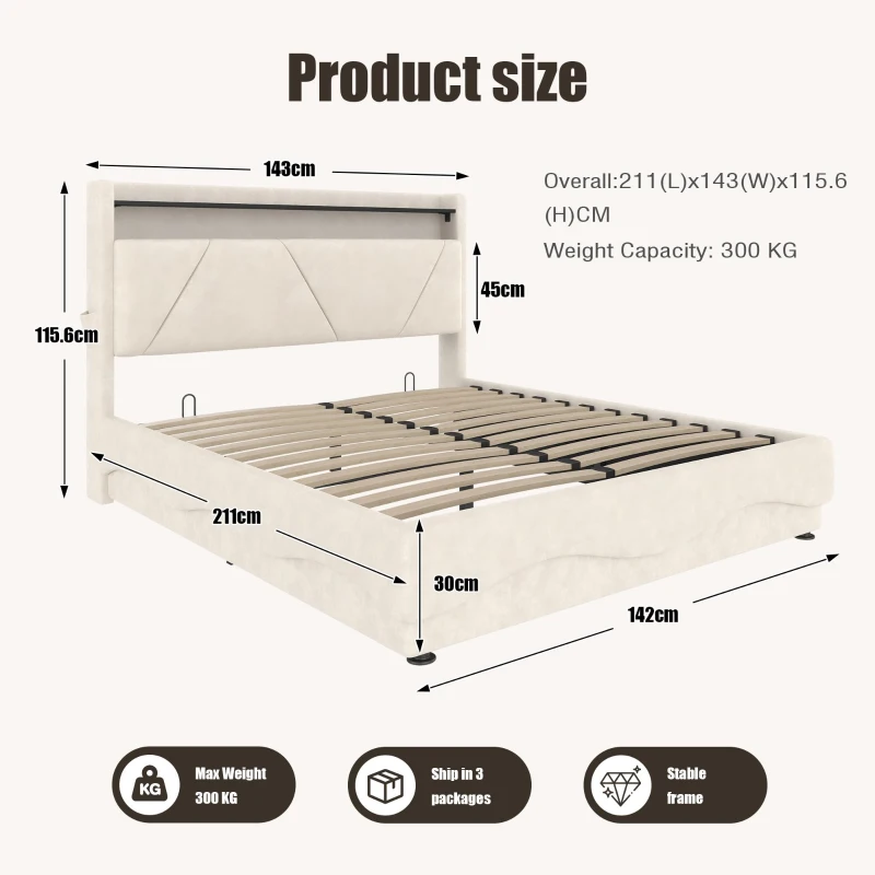 Functional Bed with Additional Under-Bed Storage, Modern Bed Frame with Wavy LED Side Lighting and USB Ports, 143L x 211W x 115.5H cm, Beige