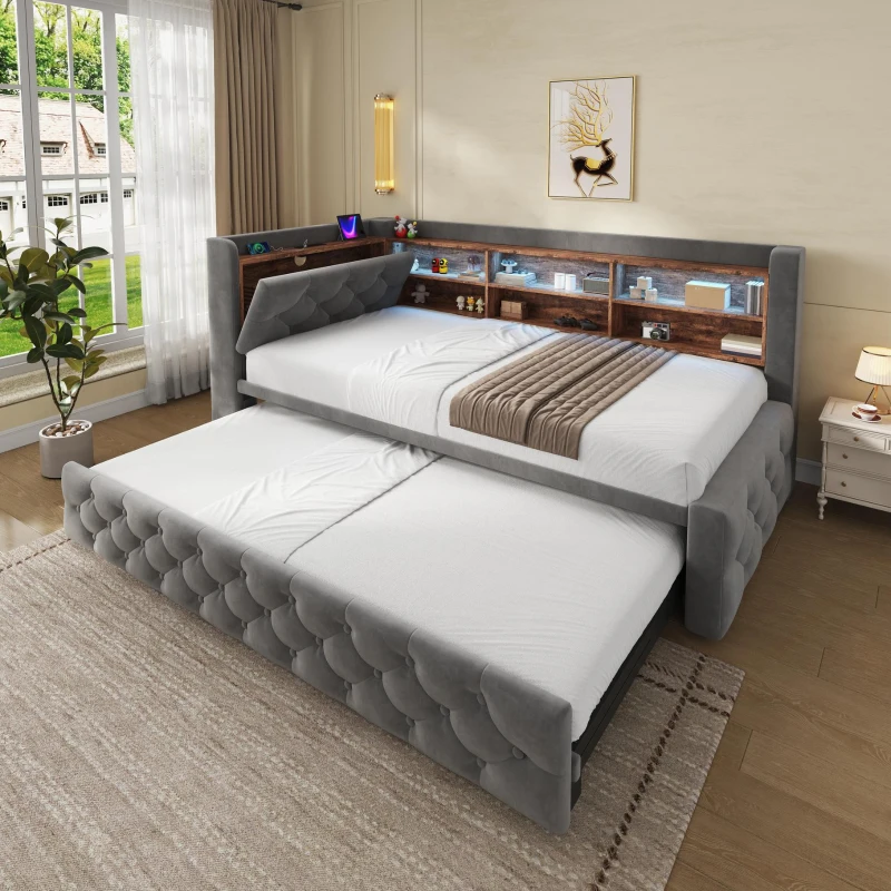 Velvet Pull-Out Sofa Bed Frame with Wooden Headboard Shelf, Convertible Daybed for Living Rooms and Studio Flats, 211L x 91W x 84H cm, Dark Gray