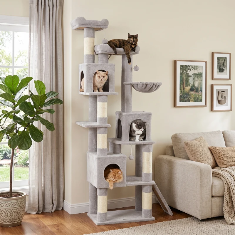 PawHut Arbre à chat griffoir haut 200 cm avec 6 poteaux griffoirs en sisal, 2 nids, 3 cabines, hamac, Gris clair