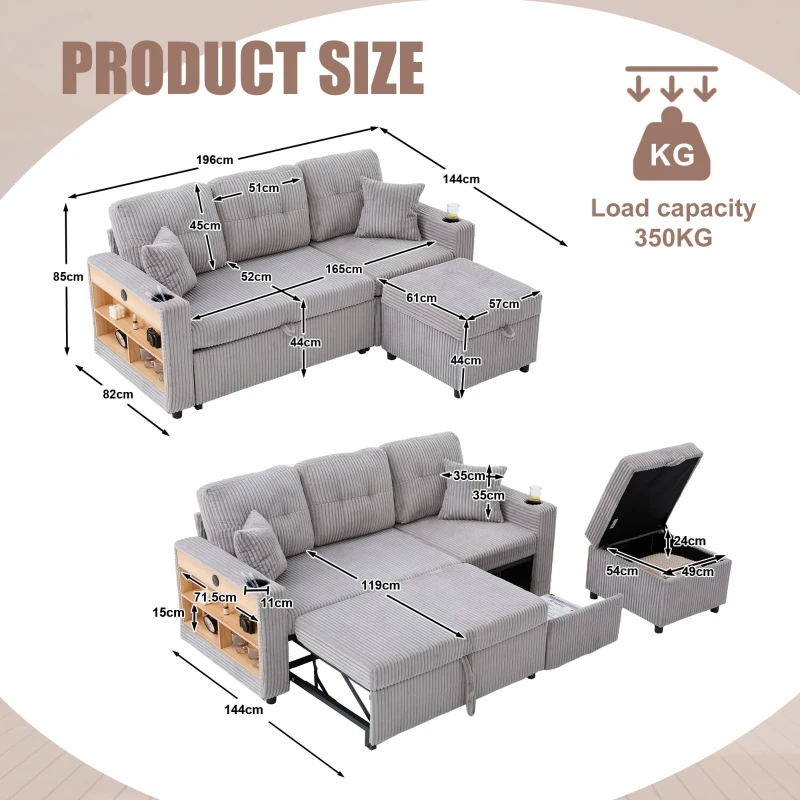 Multifunctional Corduroy Sofa Bed with Hidden Storage, LED-Lighted Guest Couch for Family Film Nights, 196L x 82W x 85H cm, Light Gray