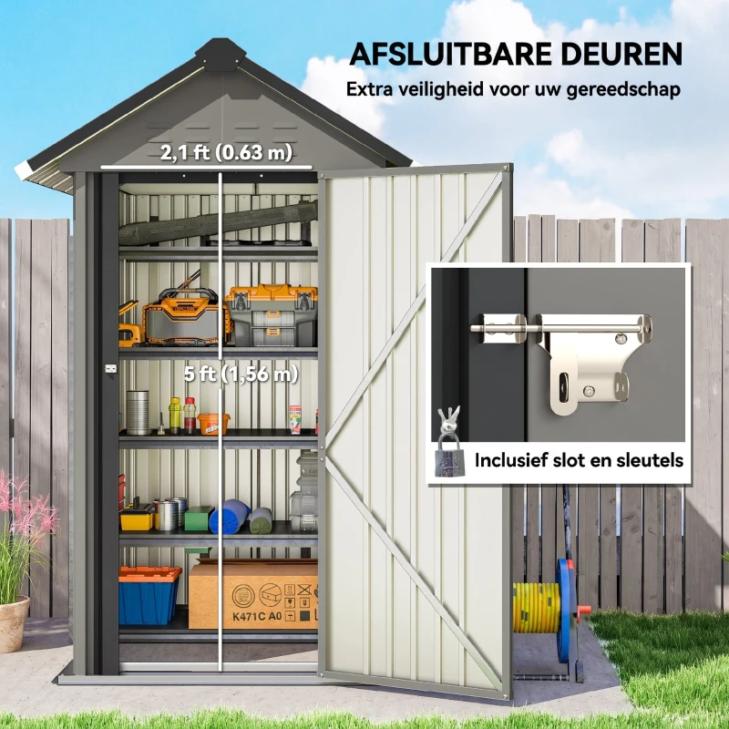 Outsunny Metalen Tuinhuis 1,17 m², Gereedschapsschuur met Zadeldak, Ventilatie, Slot en Handschoenen, 122 x 121 x 192 cm