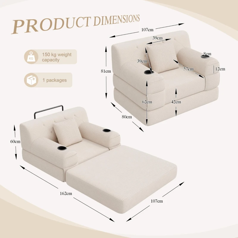 Convertible 1-Seater Sleeper Sofa with Tufted Corduroy Upholstery, Ideal Sofa Bed for Living Rooms and Small Spaces, 107L x 80W x 81H cm, Beige