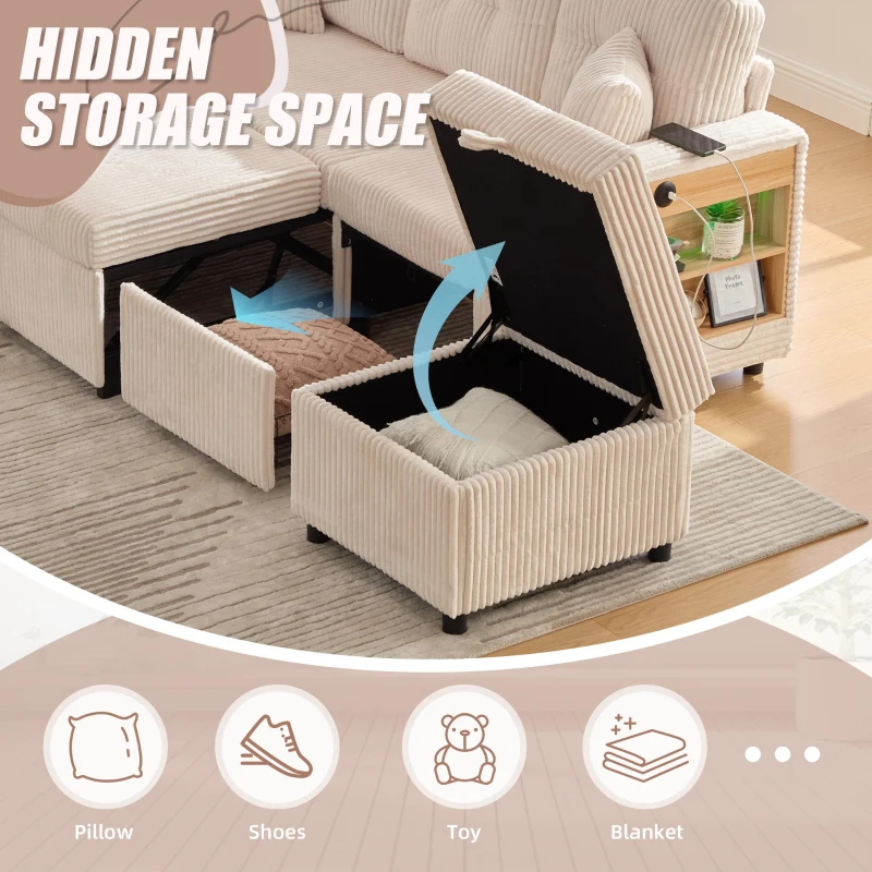 Multifunctional Corduroy Sofa Bed with Hidden Storage and Pull‑Out Bed, LED-Lighted Guest Couch with Wide Armrests, 196L x 82W x 85H cm, Beige
