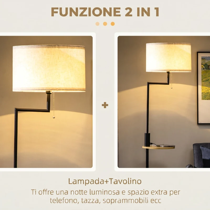 HOMCOM Lampada da Terra con Mensola Integrata in Bambù, Paralume in Tessuto Effetto Lino, Base in Acciaio, Nero e Beige