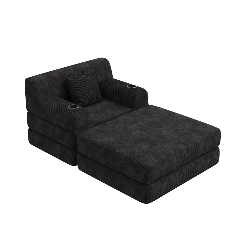 Corduroy Sleeper Chair with Ottoman and Metal Frame, Convertible 1-Seater Sofa Bed with High Backrest, 107L x 162W x 81H cm, Black