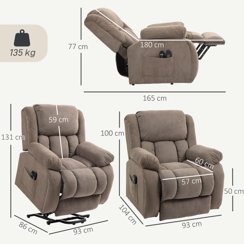 HOMCOM Sillón Elevador Eléctrico con Masaje y Calefacción Reposapiés Respaldo Reclinable Mando 93x104x100 cm Marrón