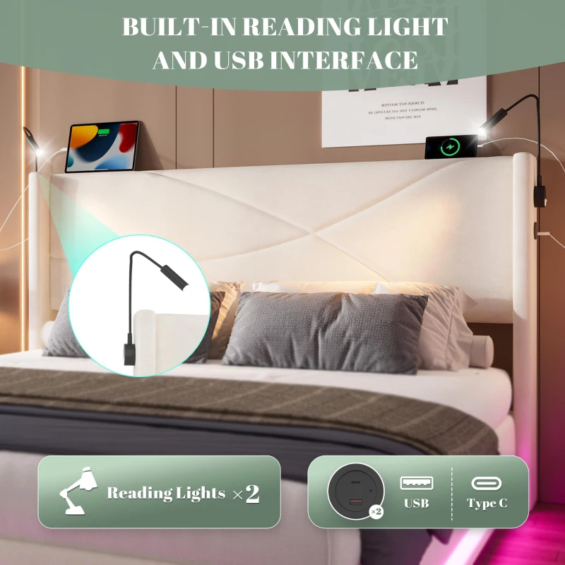 Modern Platform Bed with Hydraulic Lift System, Functional Bed Frame with Built-In Reading Lamps and USB Ports, 209L x 157W x 106H cm, Beige