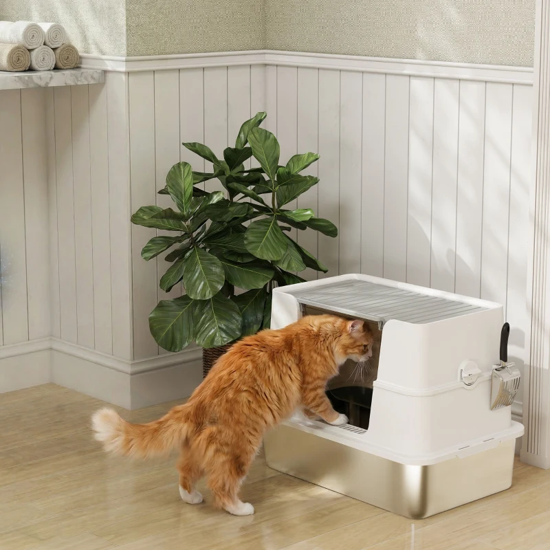 PawHut Kattenbak, RVS, XL-binnenruimte, met schep, Lichtgrijs(m-10)