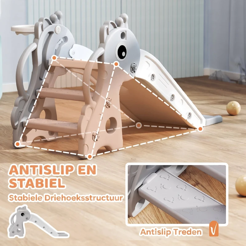 AIYAPLAY 3-in-1 Kinderglijbaan in Giraffenvorm met Basketbalring en Bal, Grijs(m-7)