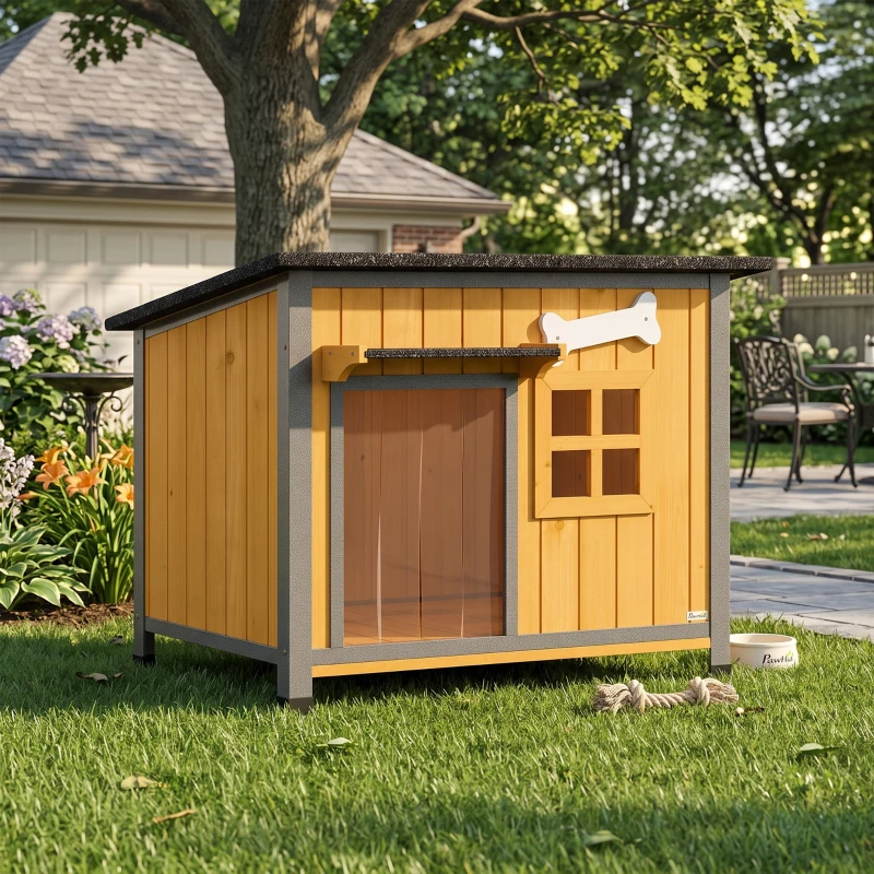 PawHut Niche pour Chien Extérieur Maison pour Chien Surélevée Anti-Morsure Toit Ouvrable Imperméable 84,5x62x65cm Jaune