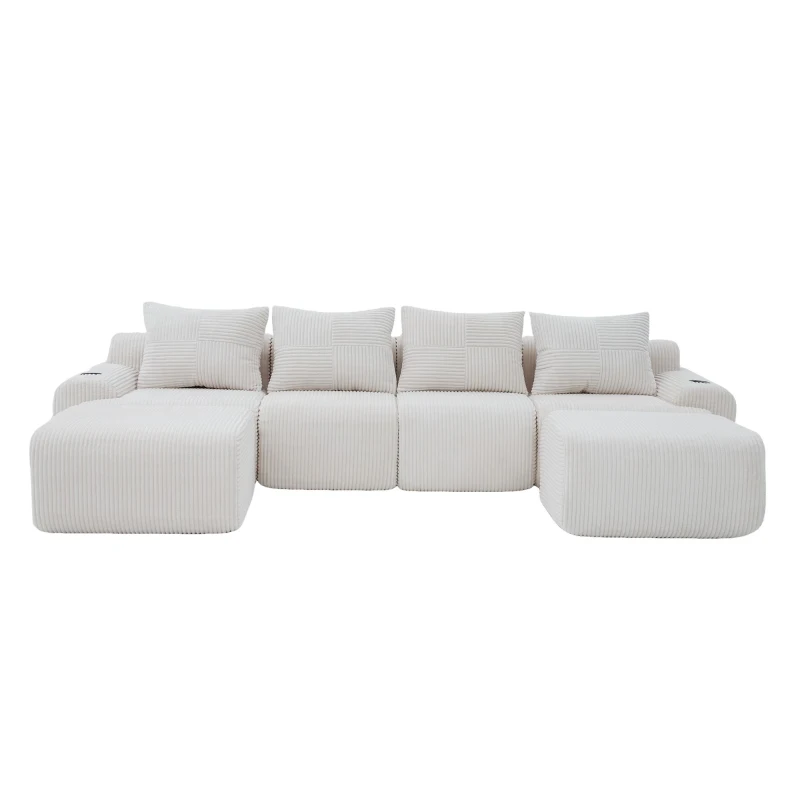 4-Seater Modular Cord Sofa with 2 Ottomans and Integrated Cup‑Holders, Corduroy Sectional Sofa for Living Rooms, 333L x 174W x 80H cm, Beige