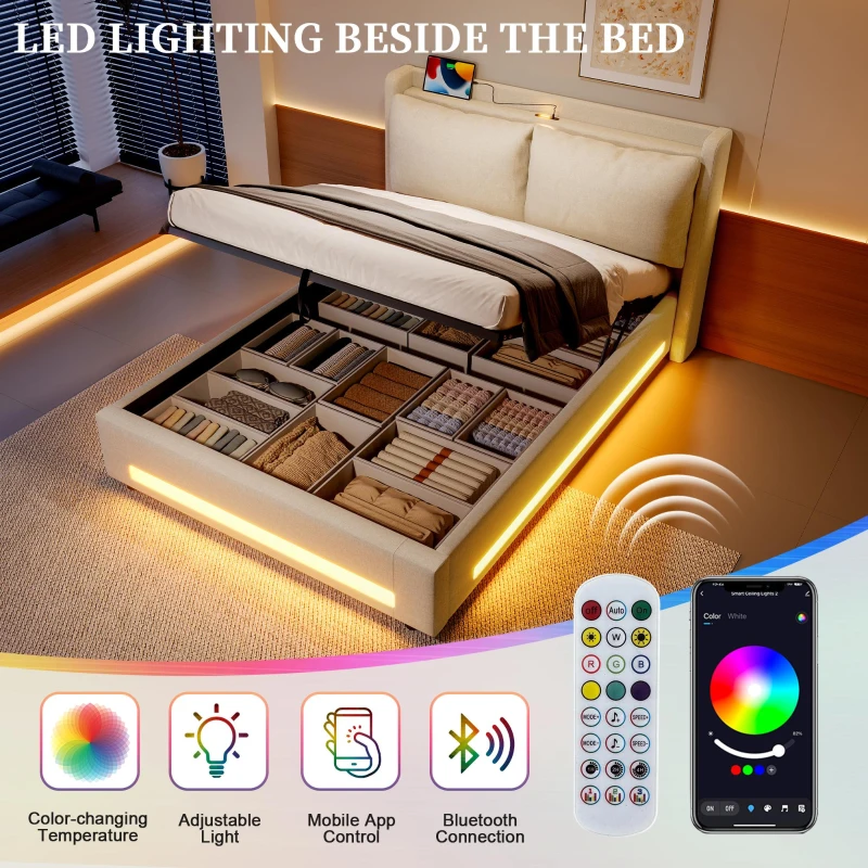 Practical Upholstered Bed with Hydraulic Storage, Ideal Bed Frame for Modern-Style Bedroom, 182.5L x 210W x 114H cm, Beige