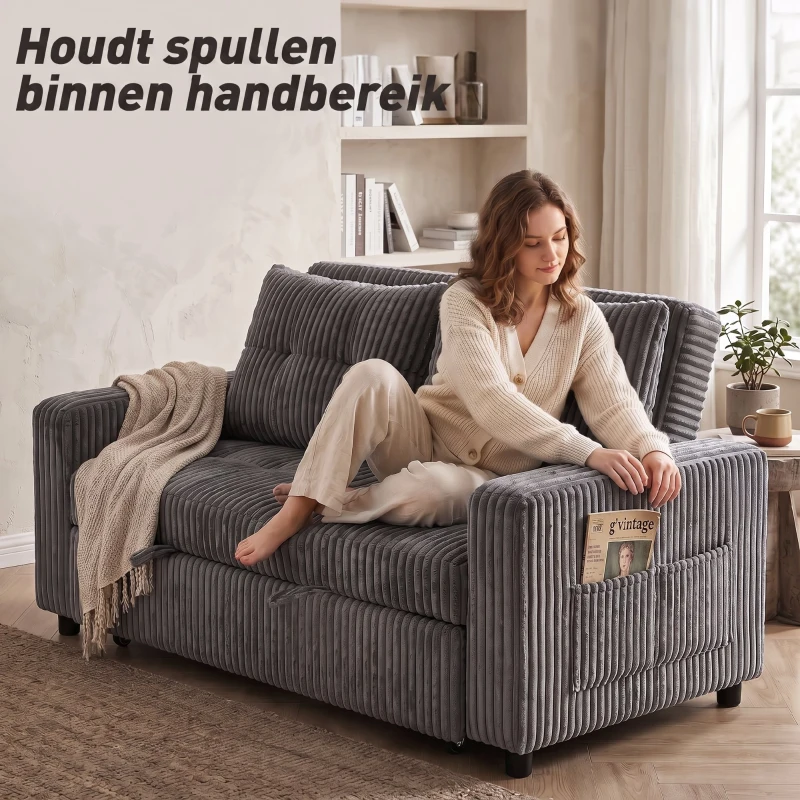 HOMCOM 2-zits slaapbank, ribfluwelen bekleding, om te vormen tot bed, 2 kussens, zijvakken, 157 x 190 cm, donkergrijs
