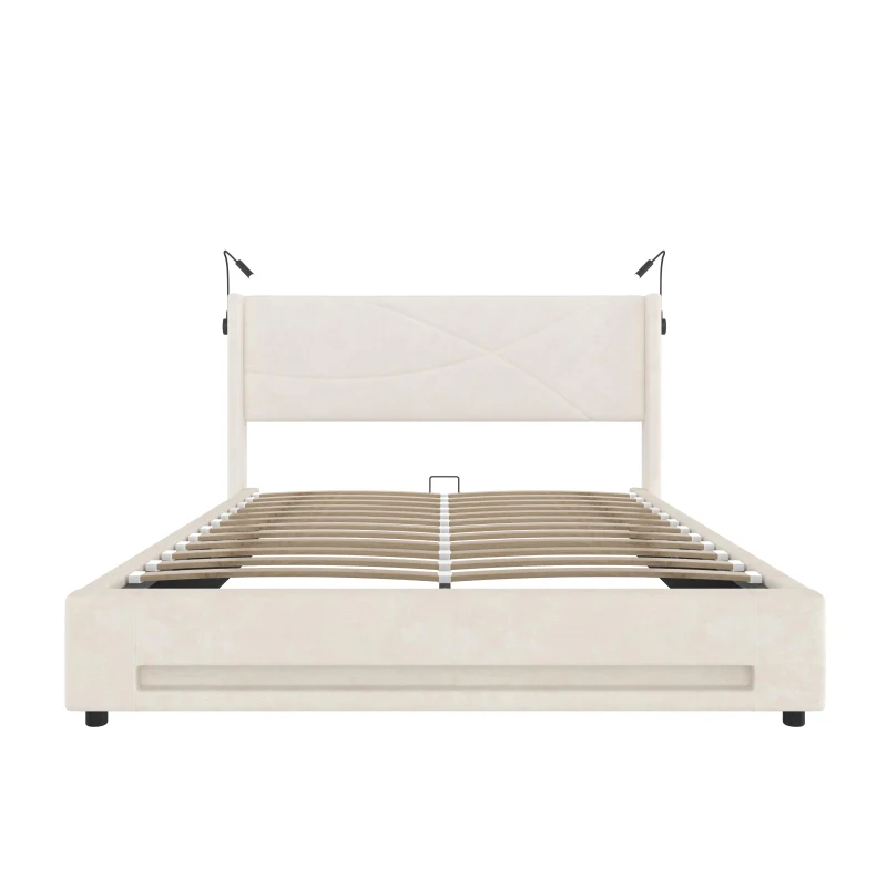 Modern Platform Bed with Hydraulic Lift System, Functional Bed Frame with Built-In Reading Lamps and USB Ports, 209L x 157W x 106H cm, Beige