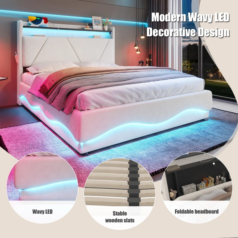 Space-Saving Upholstered Bed with Under-Bed Storage, Modern Bed Frame with Soft Velvet Fabric, 159L x 221W x 115.5H cm, Beige