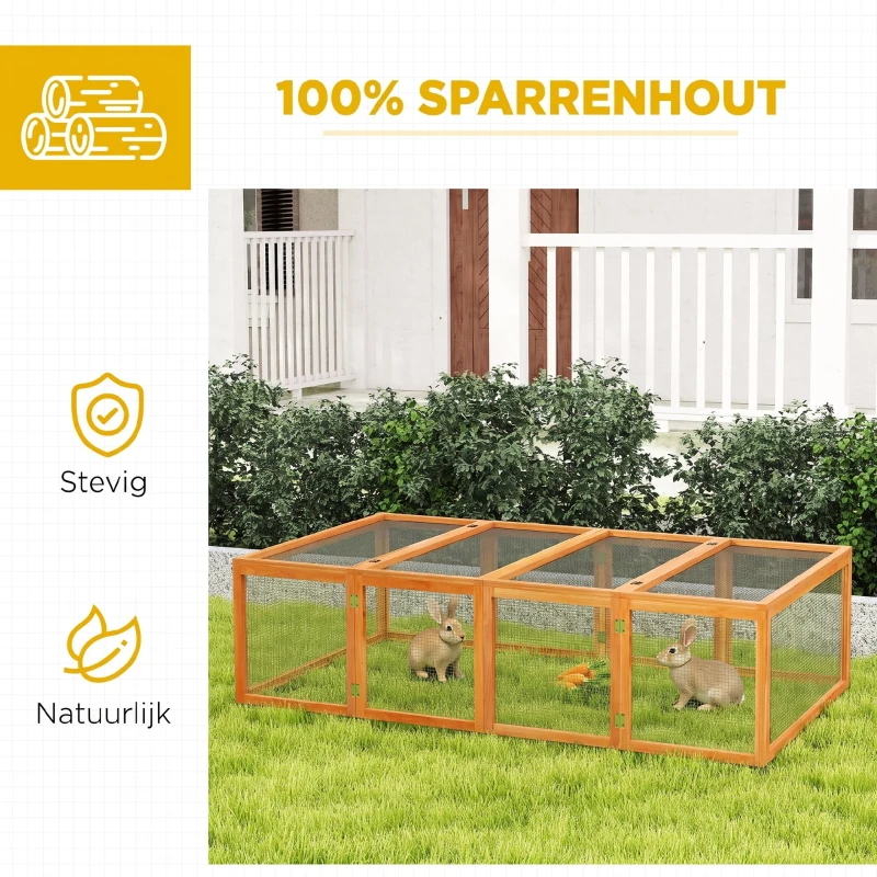 PawHut Buitenren buitenverblijf konijnenhok klein huisdier vurenhout naturel