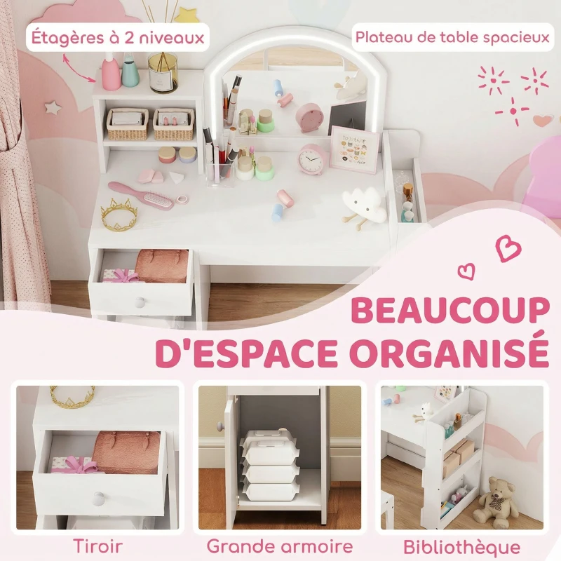 AIYAPLAY Coiffeuse pour enfants avec tabouret et miroir LED, table de maquillage pour 3 à 8 ans, 88,6 x 38,8 x 96,9 cm, blanc