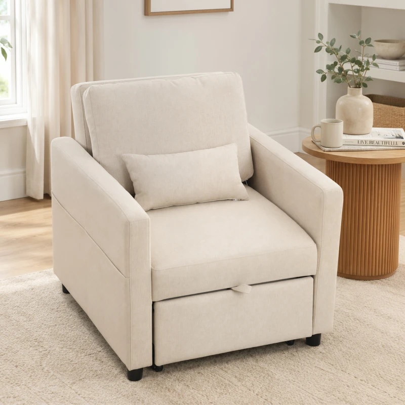 HOMCOM Sillón Cama 3 en 1 en Tejido Efecto Lino con Respaldo Regulable, Blanco Crema