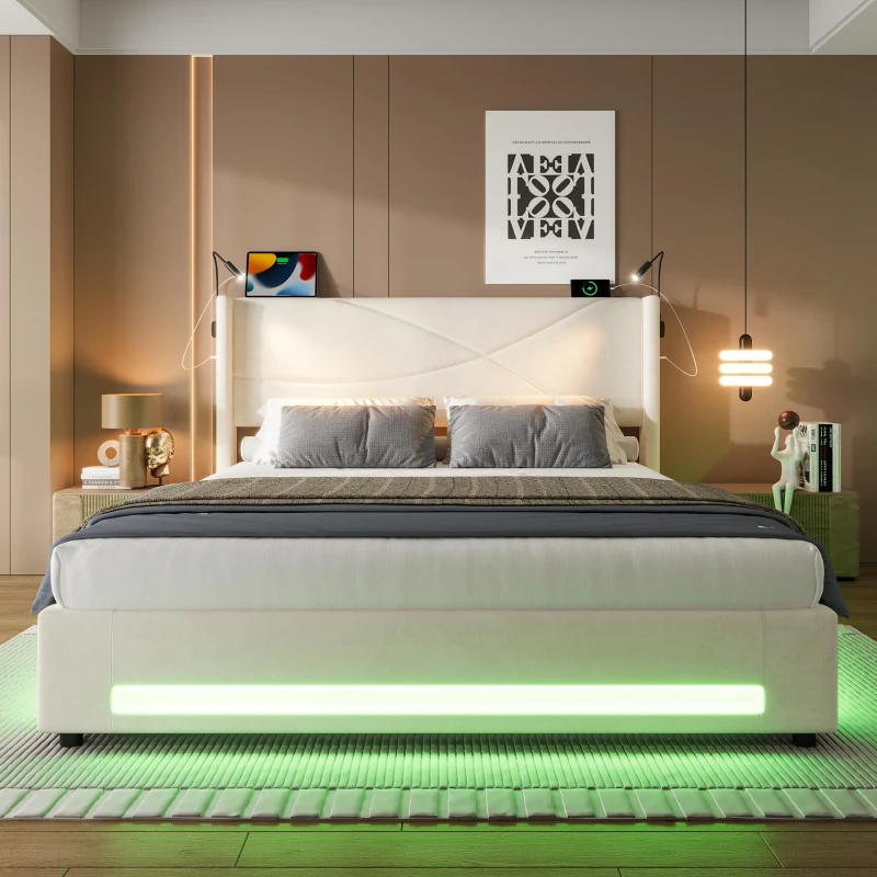 Modern Platform Bed with Hydraulic Lift System, Functional Bed Frame with Built-In Reading Lamps and USB Ports, 209L x 157W x 106H cm, Beige