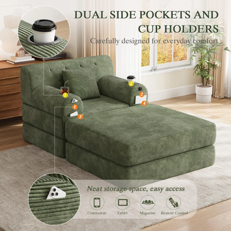 Corduroy Sleeper Chair with Ottoman and Metal Frame, Convertible 1-Seater Sofa Bed with High Backrest, 107L x 162W x 81H cm, Green