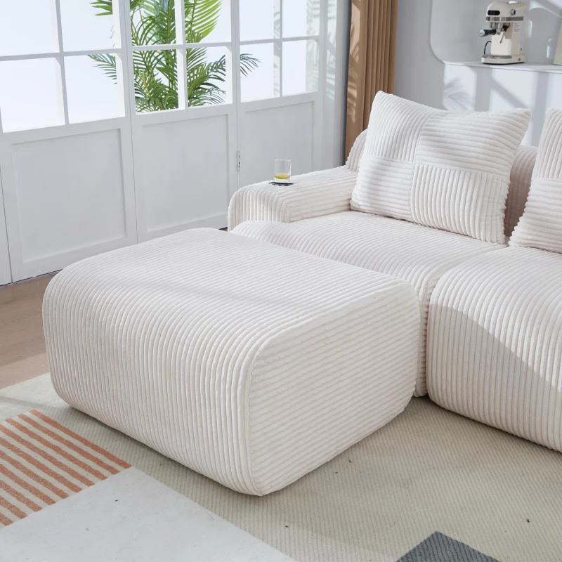 4-Seater Modular Cord Sofa with 2 Ottomans and Integrated Cup‑Holders, Corduroy Sectional Sofa for Living Rooms, 333L x 174W x 80H cm, Beige