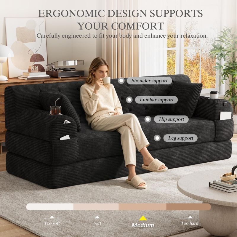 Cozy Sleeper Sofa with High-Density Foam and Soft Corduroy, Convertible Couch for Living Rooms and Small Spaces, 208L x 80W x 81H cm, Black