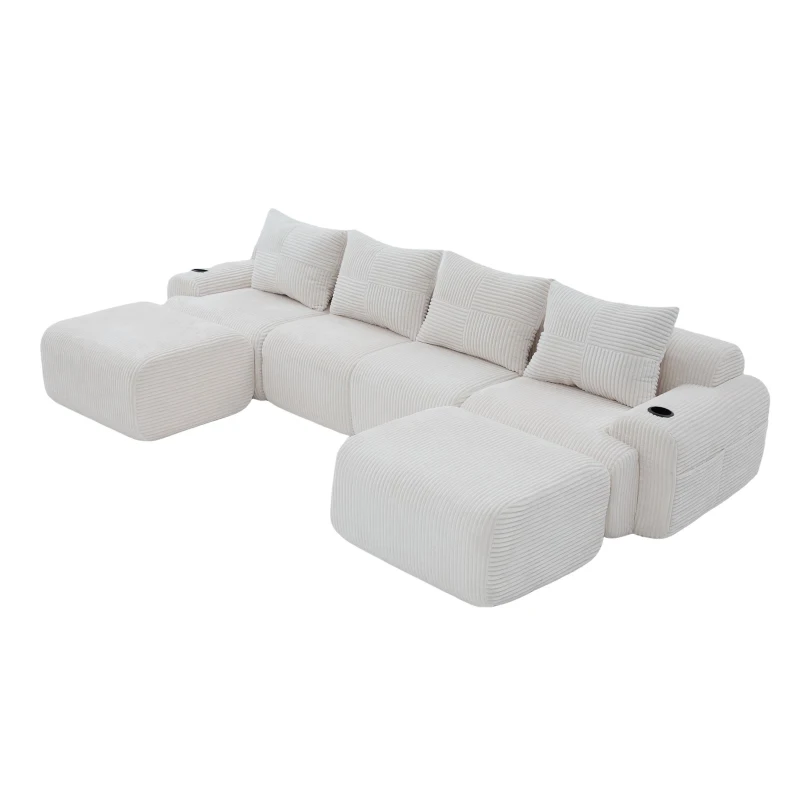 4-Seater Modular Cord Sofa with 2 Ottomans and Integrated Cup‑Holders, Corduroy Sectional Sofa for Living Rooms, 333L x 174W x 80H cm, Beige